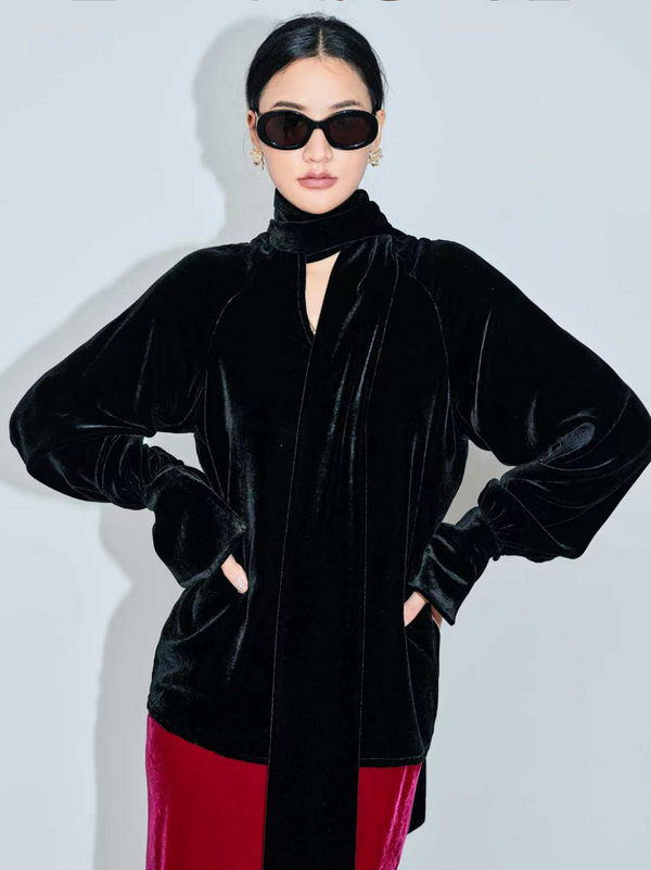 Silk Velvet Vintage Tie-Neck Blouse