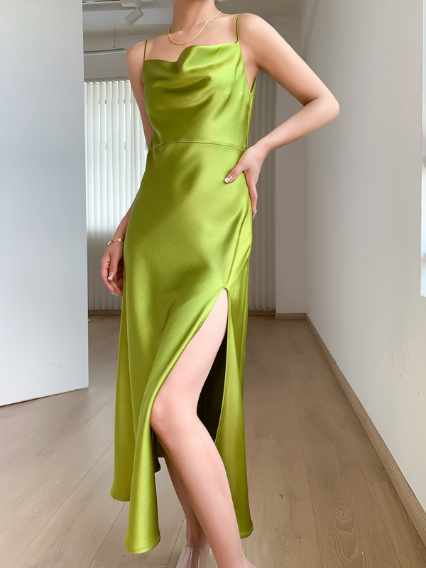 Triacetate A-Line Slip Dress With Swing Collar and High Slit