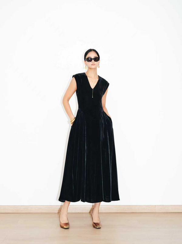 Silk Velvet Vintage V-Neck A-Line Dress
