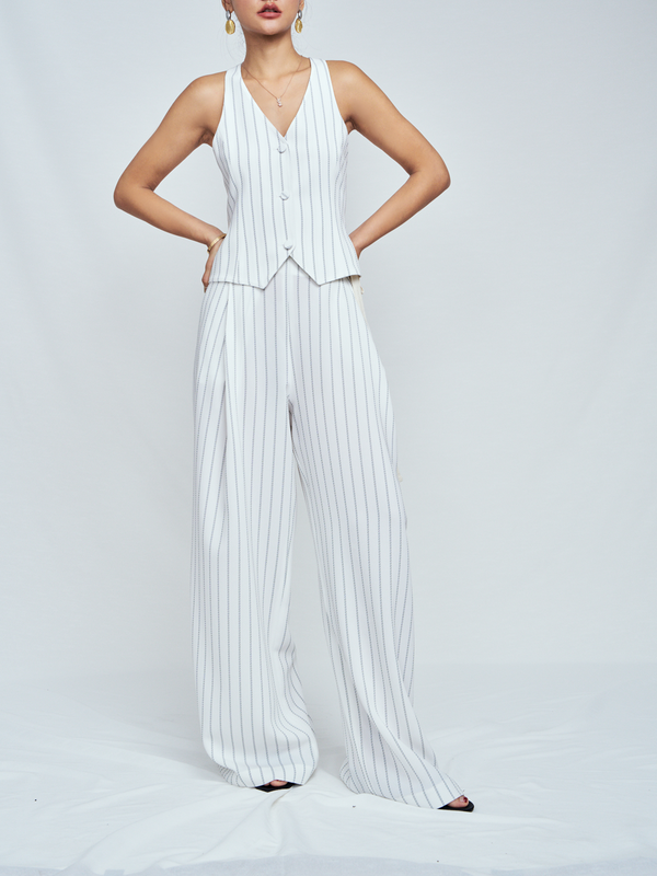 Triacetate Stripe Pleat Front Wide-Leg Trousers