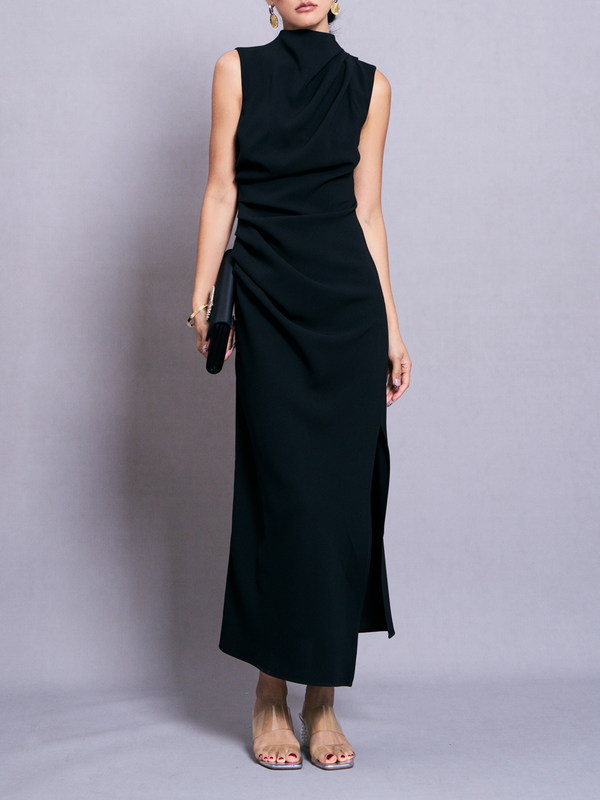 Triacetate Side-Slit Sleeveless Turtleneck Dress